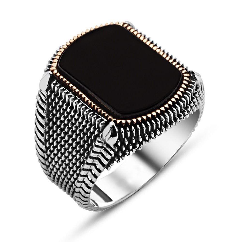 Tesbihane ring Men's Sterling Silver Ottoman Square Black Onyx Fine Detailing Ring - Modefa 