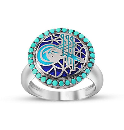 Tesbihane ring Women's Silver Turkish Ottoman Turquoise Ring with Tughra and Zircon - Modefa 