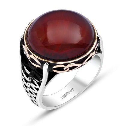 Tesbihane ring Men's Silver Ottoman Round Agate Ring 008 - Modefa 