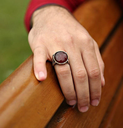 Tesbihane ring Men's Silver Ottoman Round Agate Ring 008 - Modefa 