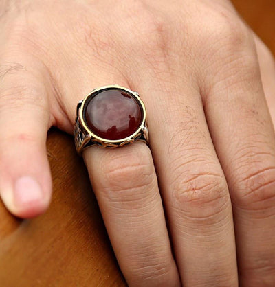Tesbihane ring Men's Silver Ottoman Round Agate Ring 008 - Modefa 