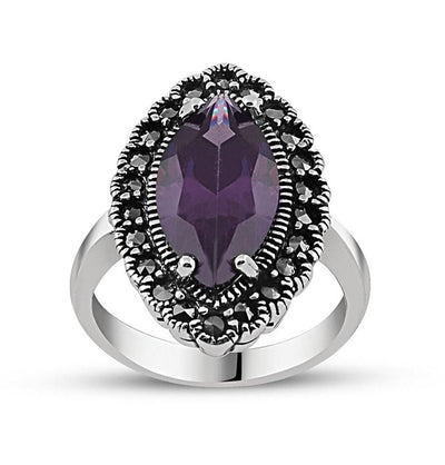 Tesbihane ring Women's Silver Turkish Ottoman Ring with Purple Zircon - Modefa 