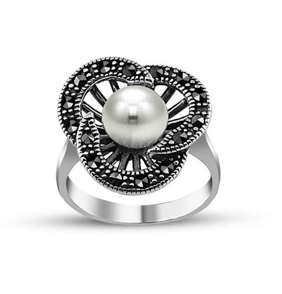 Tesbihane ring Women's Silver Turkish Ring Rose Flower Zircon with Pearl - Modefa 