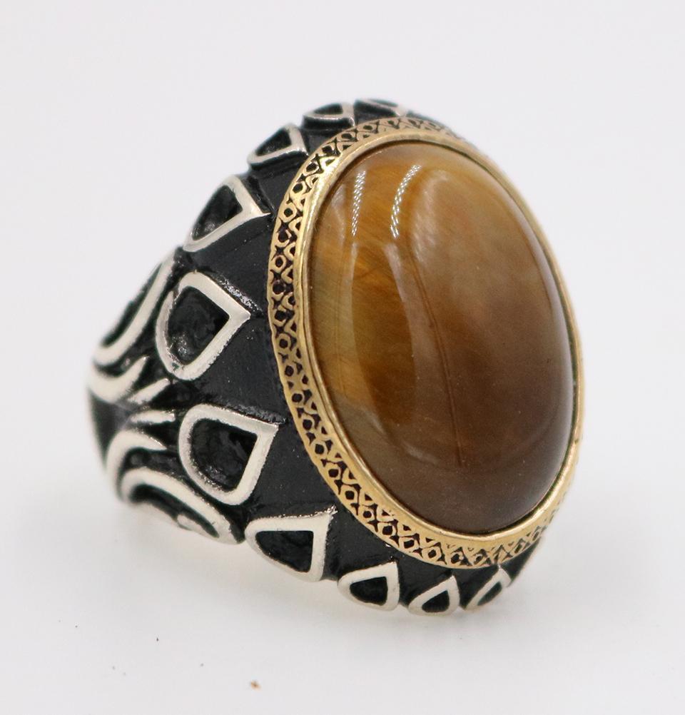 Men's Silver Ottoman Turkish Ring Tiger's Eye with Tulip 5207