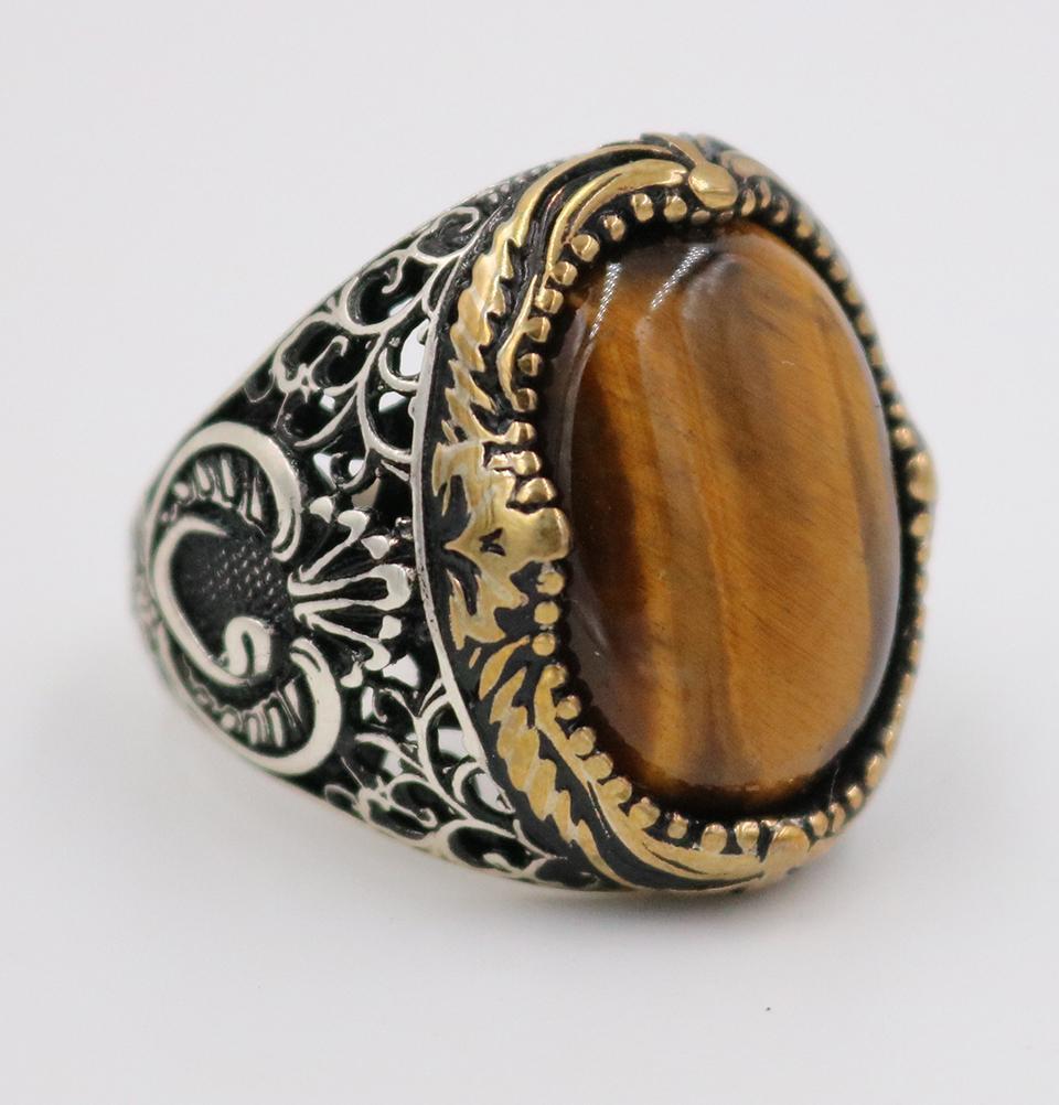 Men's Silver Ottoman Ring Fine Detailing Tiger's Eye with Waw