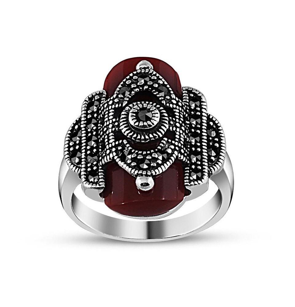 Tesbihane ring Women's Silver Turkish Ring with Red Agate and Zircon - Modefa 