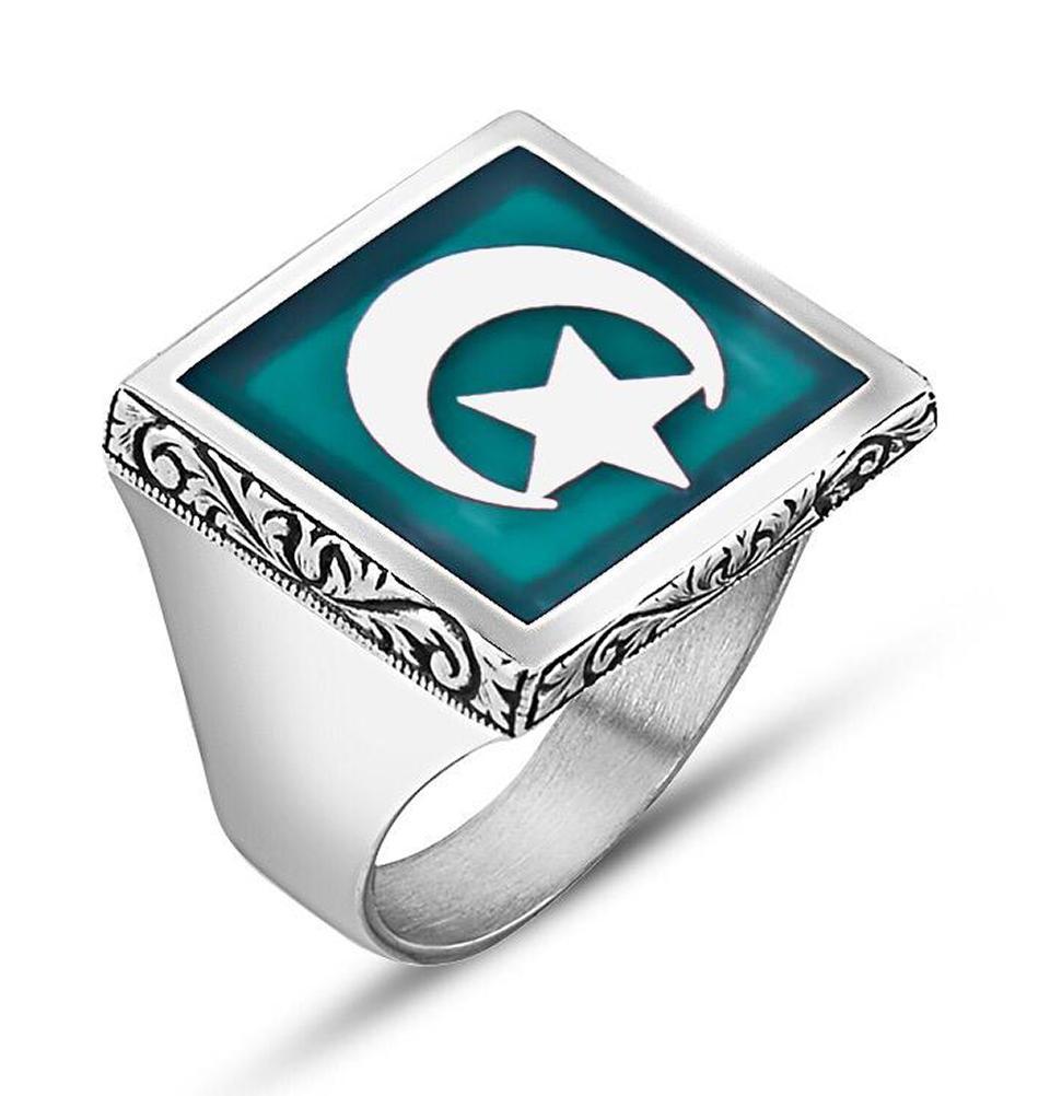 Men's Silver Turkish Ring Turquoise Crescent Moon & Star 9930