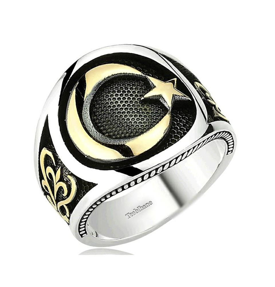 Tesbihane ring Men's Sterling Silver Islamic Crescent Moon and Star Ring Style 099 - Modefa 