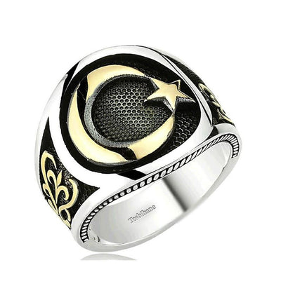 Tesbihane ring Men's Sterling Silver Islamic Crescent Moon and Star Ring Style 099 - Modefa 