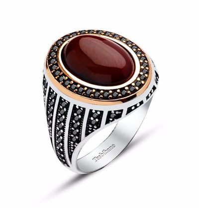Tesbihane ring Men's Silver Ottoman Oval Design Ring Agate with Zirconium #069 - Modefa 