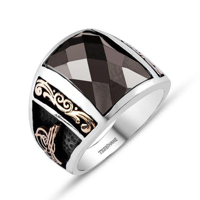 Tesbihane ring Men's Silver Ottoman Ring with Crystal Cut Black Zirconium - Modefa 