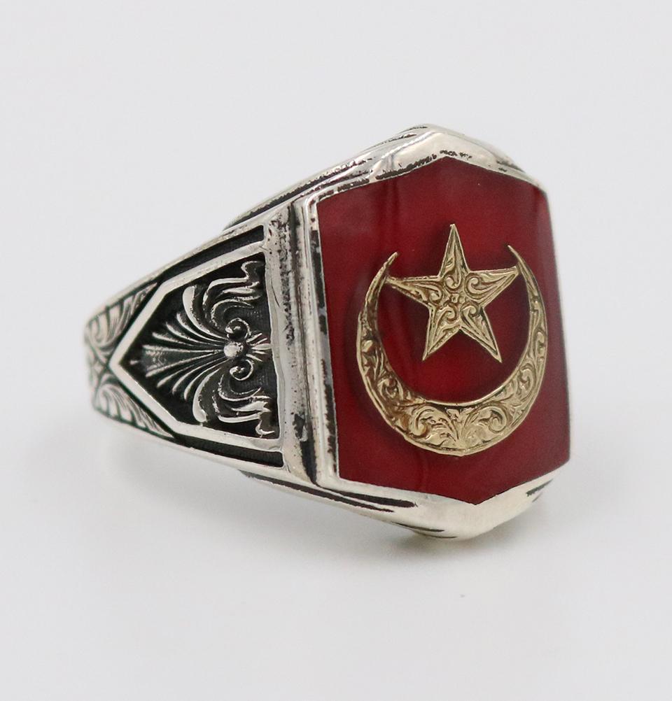 Men's Silver Turkish Ring Red Crescent Moon & Star 5258