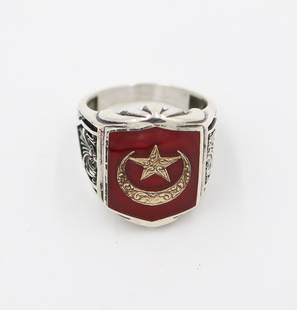 Men's Silver Turkish Ring Red Crescent Moon & Star 5258