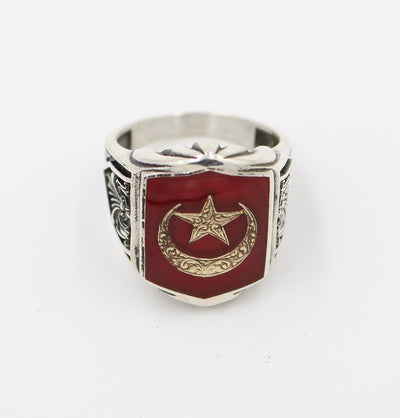 Men's Silver Turkish Ring Red Crescent Moon & Star 5258
