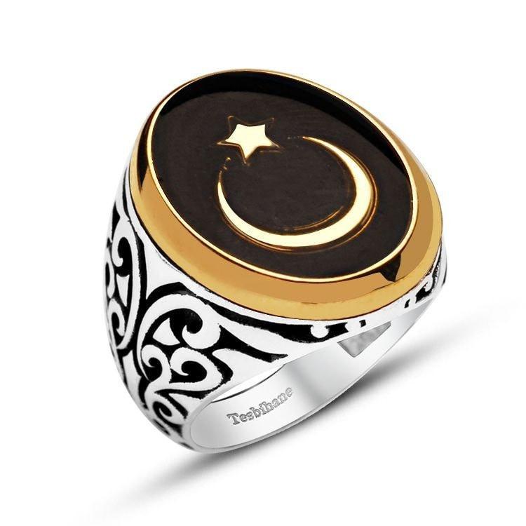 Tesbihane ring Men's Silver Islamic Ring Crescent Moon & Star - Modefa 