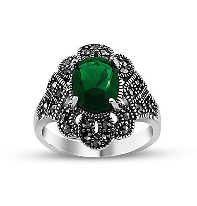 Tesbihane ring Women's Silver Turkish Ottoman Ring with Green Zircon - Modefa 