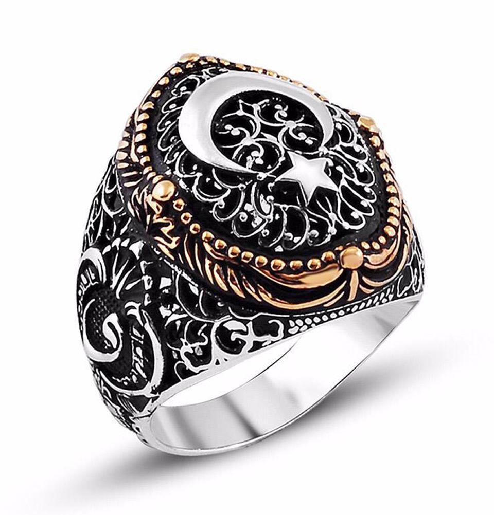 Men's Silver Ottoman Fine Detailing Ring Crescent Moon & Star with Waw 9928