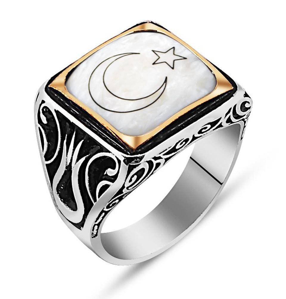 Tesbihane ring Men's Sterling Silver Islamic Square White with Crescent Moon and Star Ring - Modefa 
