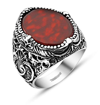 Tesbihane ring Men's Sterling Silver Islamic Ottoman Oval Red Agate Waw Ring - Modefa 