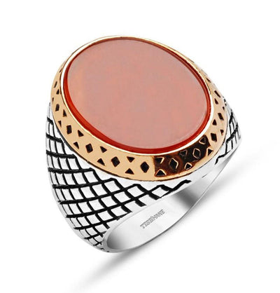 Tesbihane ring Men's Silver Ottoman Oval Design Ring Agate #070 - Modefa 