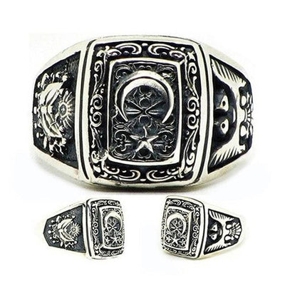 Tesbihane ring Men's Sterling Silver Ring with Crescent Moon & Star, Ottoman Coat of Arms, and Seljuk Eagle - Modefa 