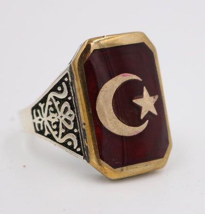 Men's Silver Turkish Islamic Ring Red Crescent Moon & Star 5204