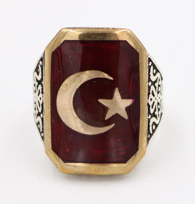 Men's Silver Turkish Islamic Ring Red Crescent Moon & Star 5204