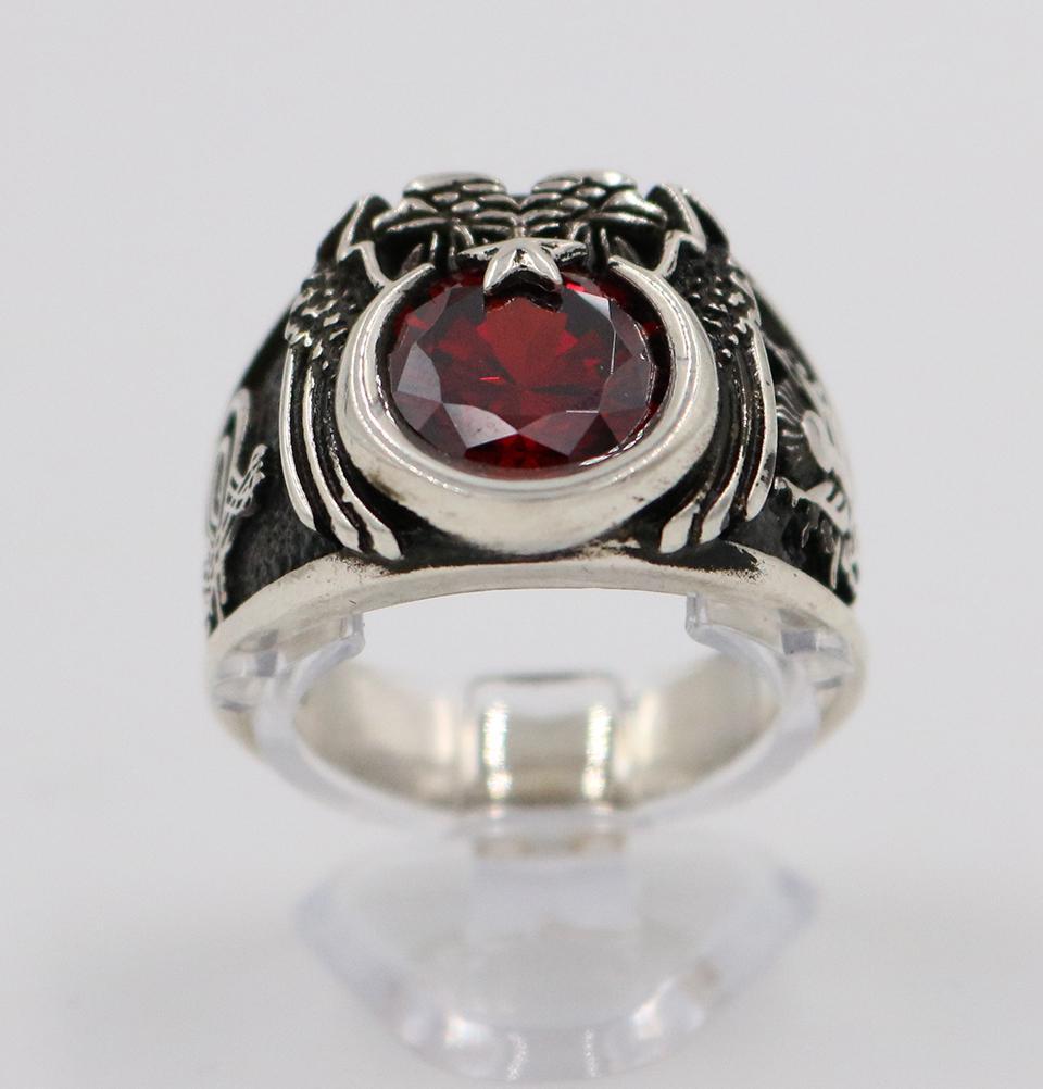 Men's Sterling Silver Ottoman Ring Crescent Moon & Eagle with Red Zircon 5269