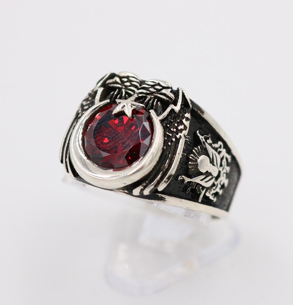 Men's Sterling Silver Ottoman Ring Crescent Moon & Eagle with Red Zircon 5269