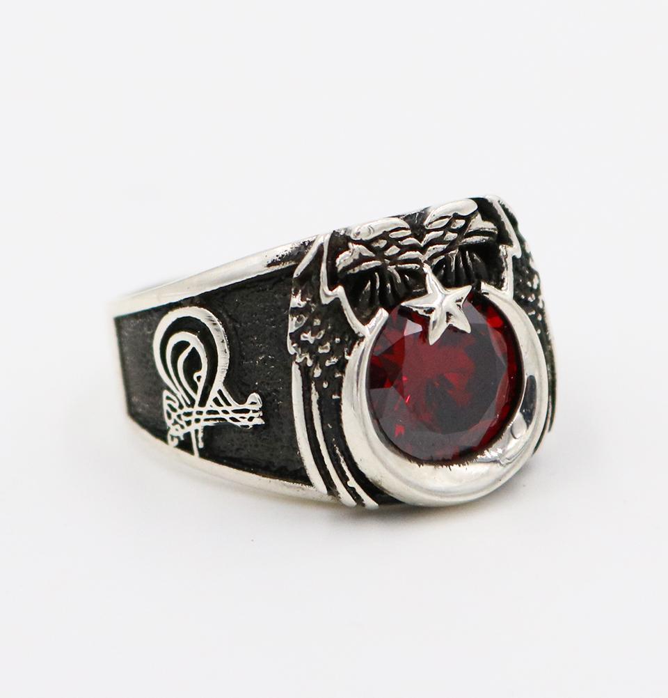 Men's Sterling Silver Ottoman Ring Crescent Moon & Eagle with Red Zircon 5269