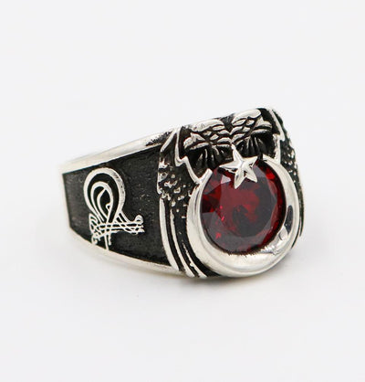 Men's Sterling Silver Ottoman Ring Crescent Moon & Eagle with Red Zircon 5269