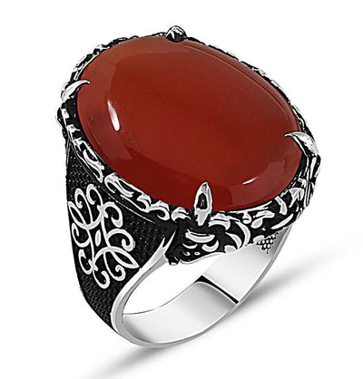 Tesbihane ring Men's Sterling Silver Ottoman Oval Red Agate İşlemeli Ring - Modefa 