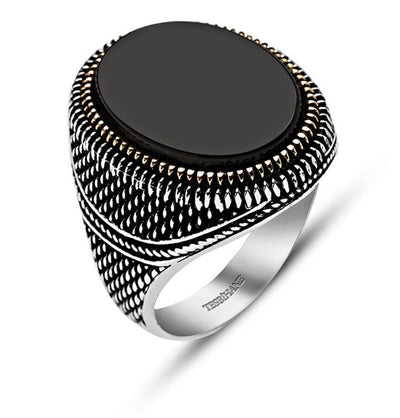 Tesbihane ring Men's Silver Ottoman Oval Black Onyx Fine Detailing Ring - Modefa 