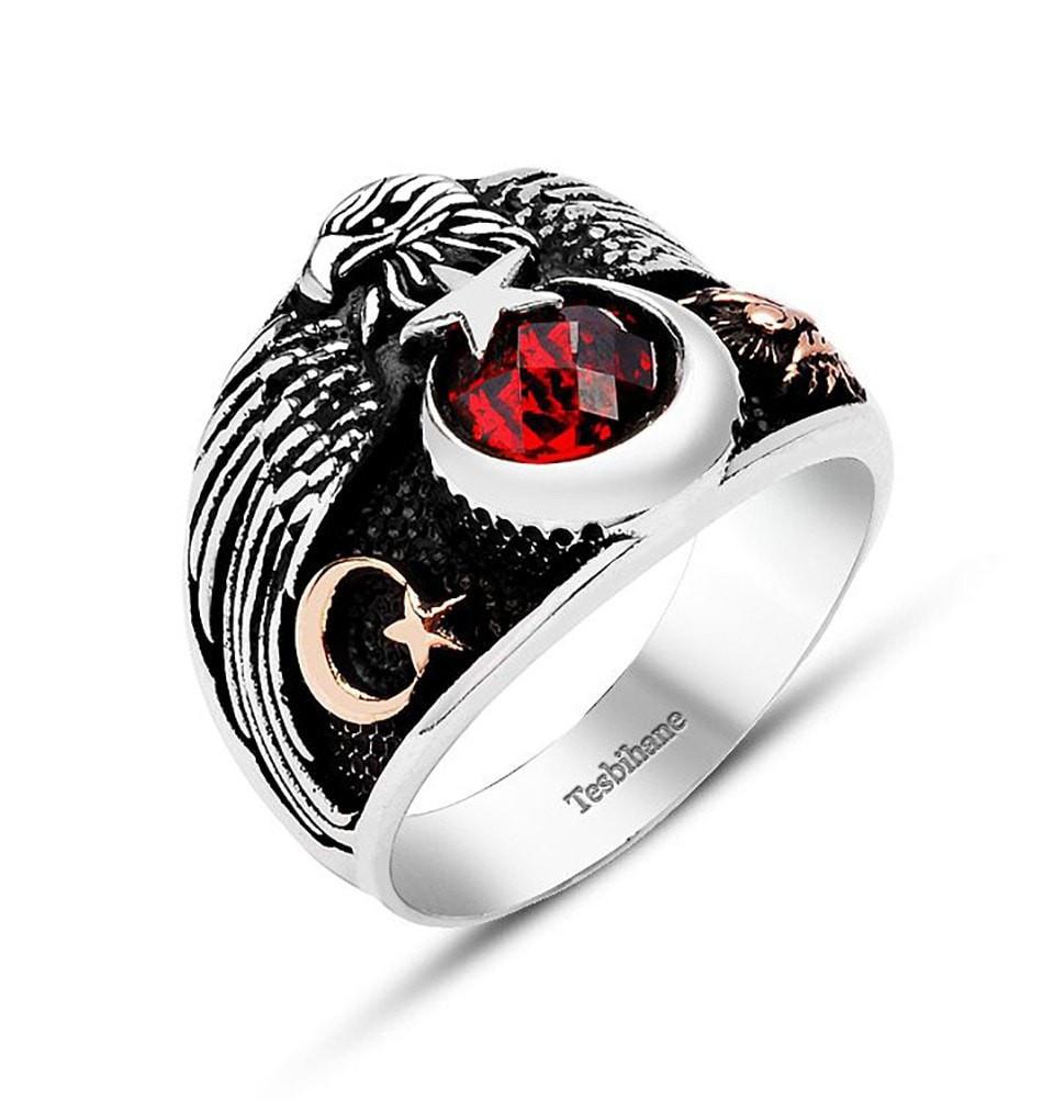 Tesbihane ring Men's Sterling Silver Ottoman Ring Seljuk Eagle and Crescent Moon and Star with Red Zircon - Modefa 