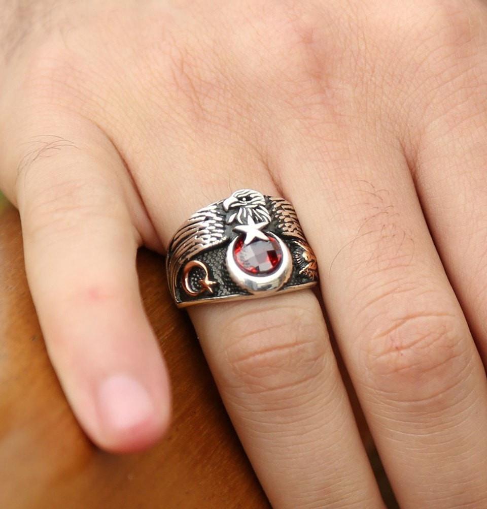 Tesbihane ring Men's Sterling Silver Ottoman Ring Seljuk Eagle and Crescent Moon and Star with Red Zircon - Modefa 