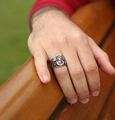 Tesbihane ring Men's Sterling Silver Ottoman Ring Seljuk Eagle and Crescent Moon and Star with Red Zircon - Modefa 