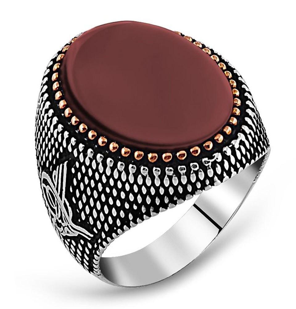 Tesbihane ring Men's Sterling Silver Ottoman Oval Agate Tughra with Fine Detailing Ring - Modefa 