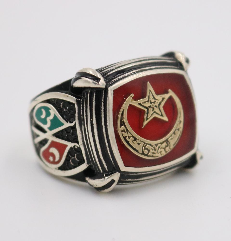 Men's Silver Turkish Islamic Ring Red Crescent Moon & Star with Flags 5201