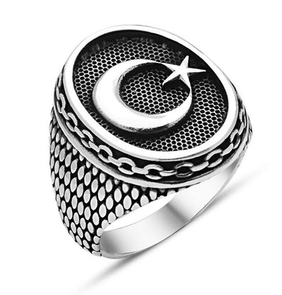 Tesbihane ring Men's Sterling Silver Islamic Oval Ring Crescent Moon & Star with Fine Detailing - Modefa 