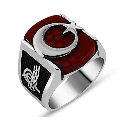 Tesbihane ring Men's Sterling Silver Islamic Crescent Moon and Star Square Agate Ring - Modefa 