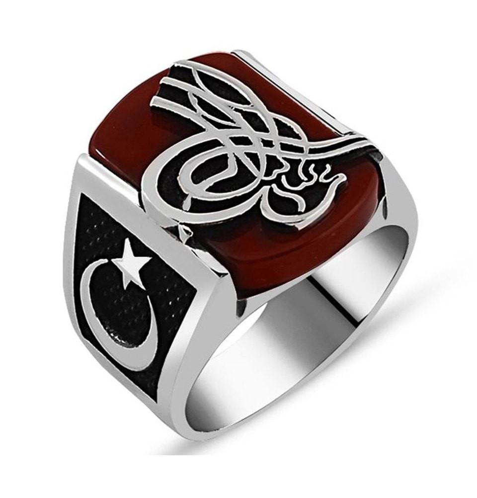 Tesbihane ring Men's Sterling Silver Ottoman Tughra with Crescent Moon Square Agate Ring - Modefa 