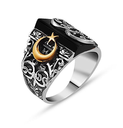 Tesbihane ring Men's Silver Turkish Islamic Ring Hand Crafted with Black Onyx and Crescent Moon - Modefa 