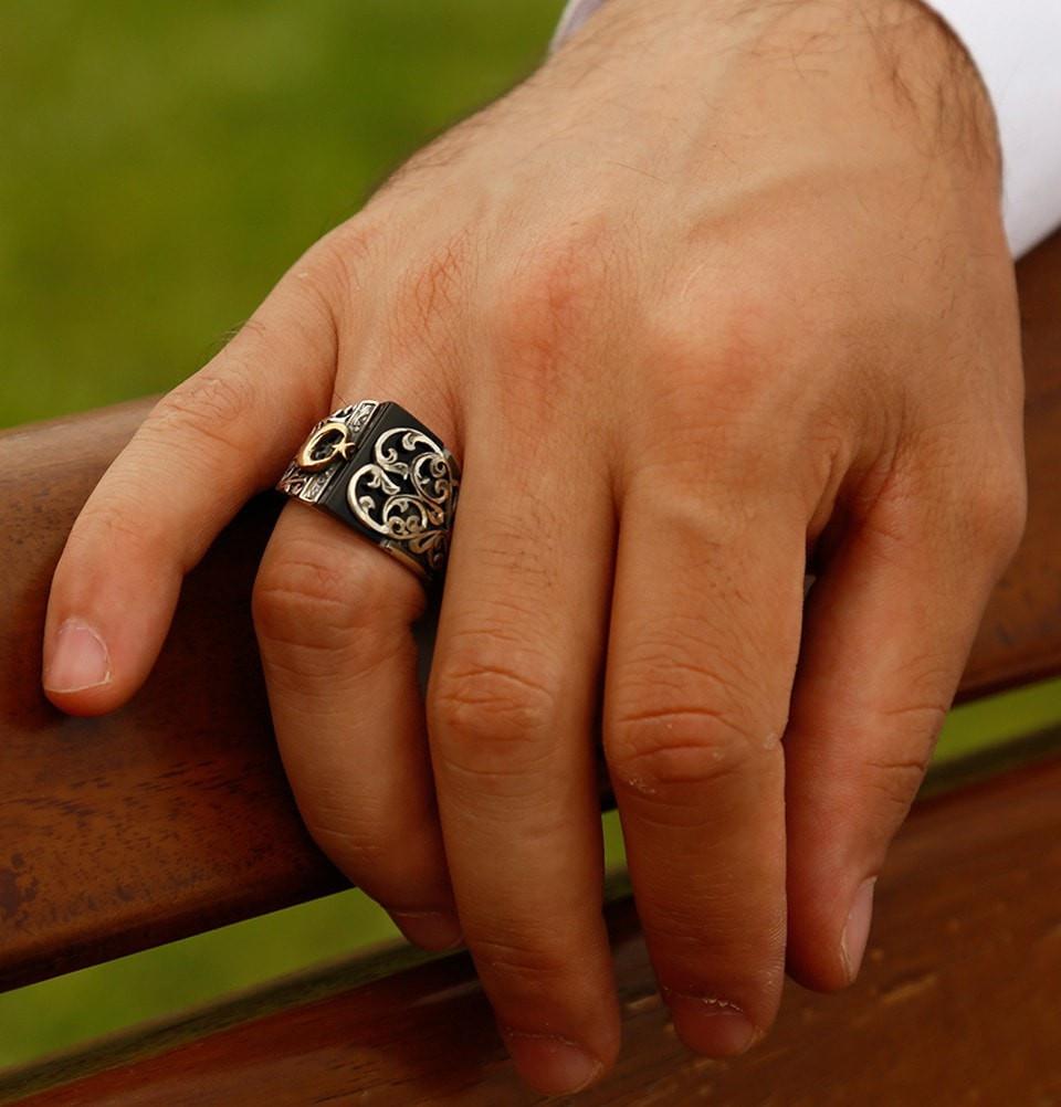 Tesbihane ring Men's Silver Turkish Islamic Ring Hand Crafted with Black Onyx and Crescent Moon - Modefa 