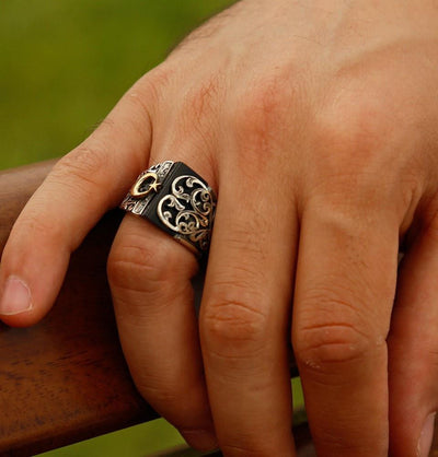 Tesbihane ring Men's Silver Turkish Islamic Ring Hand Crafted with Black Onyx and Crescent Moon - Modefa 