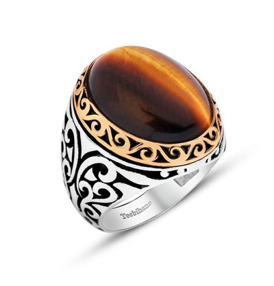 Tesbihane ring Men's Silver Ottoman Ring Tiger's Eye - Modefa 