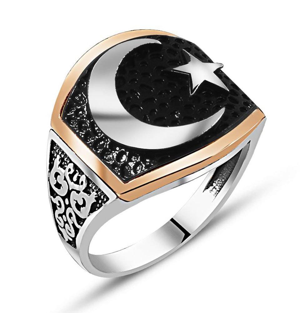 Tesbihane ring Men's Sterling Silver Islamic Fine Detailing Crescent Moon and Star Ring - Modefa 