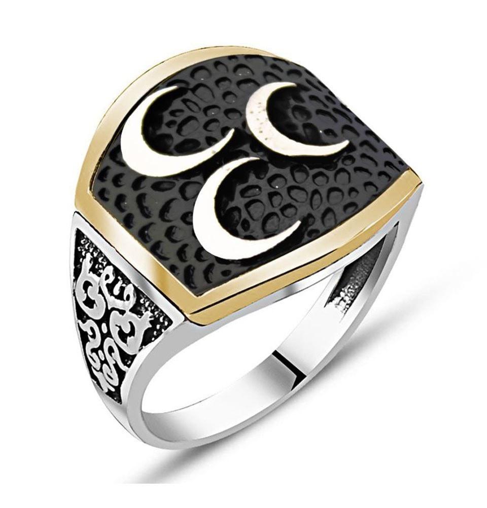 Tesbihane ring Men's Sterling Silver Islamic Fine Detailing with 3 Crescents Ring - Modefa 