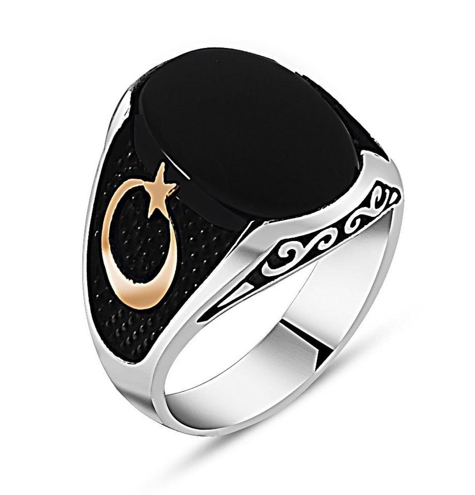Tesbihane ring Men's Sterling Silver Islamic Black Onyx Crescent Moon and Star Ring - Modefa 