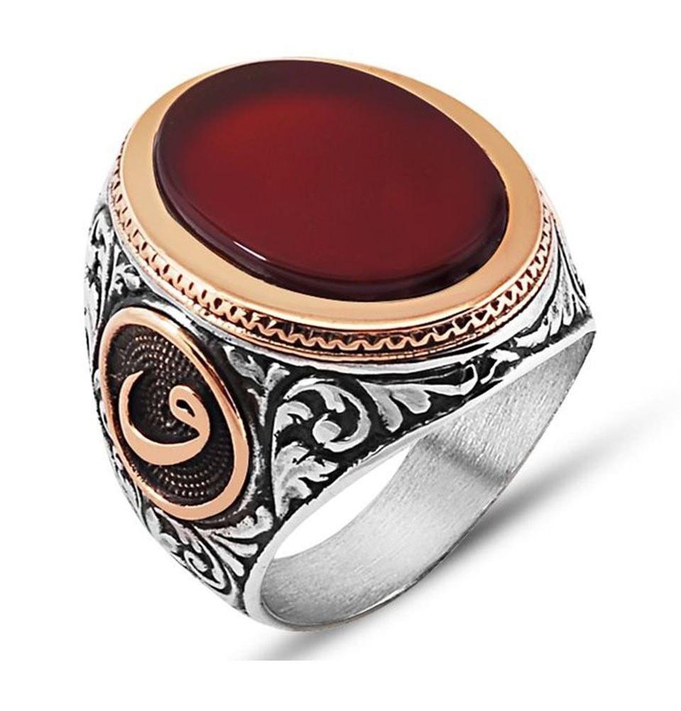 Tesbihane ring Men's Sterling Silver Ottoman Oval Red Agate Waw Ring - Modefa 