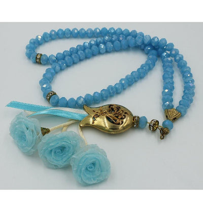 Tesbihane Tesbih Luxury Acrylic Islamic Tesbih Light Blue and Gold with Roses and Tulip Tassel 99 Count - Modefa 